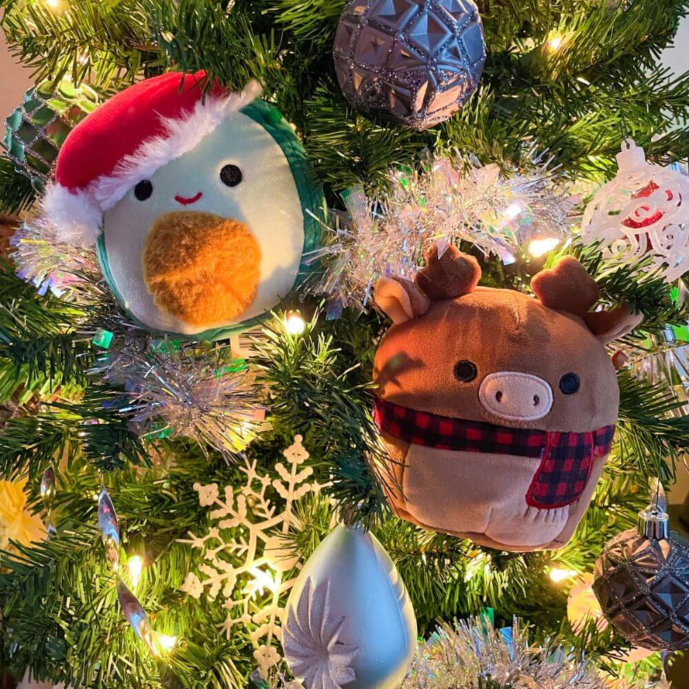 Squishmallow Ornaments on a Lighted Tree
