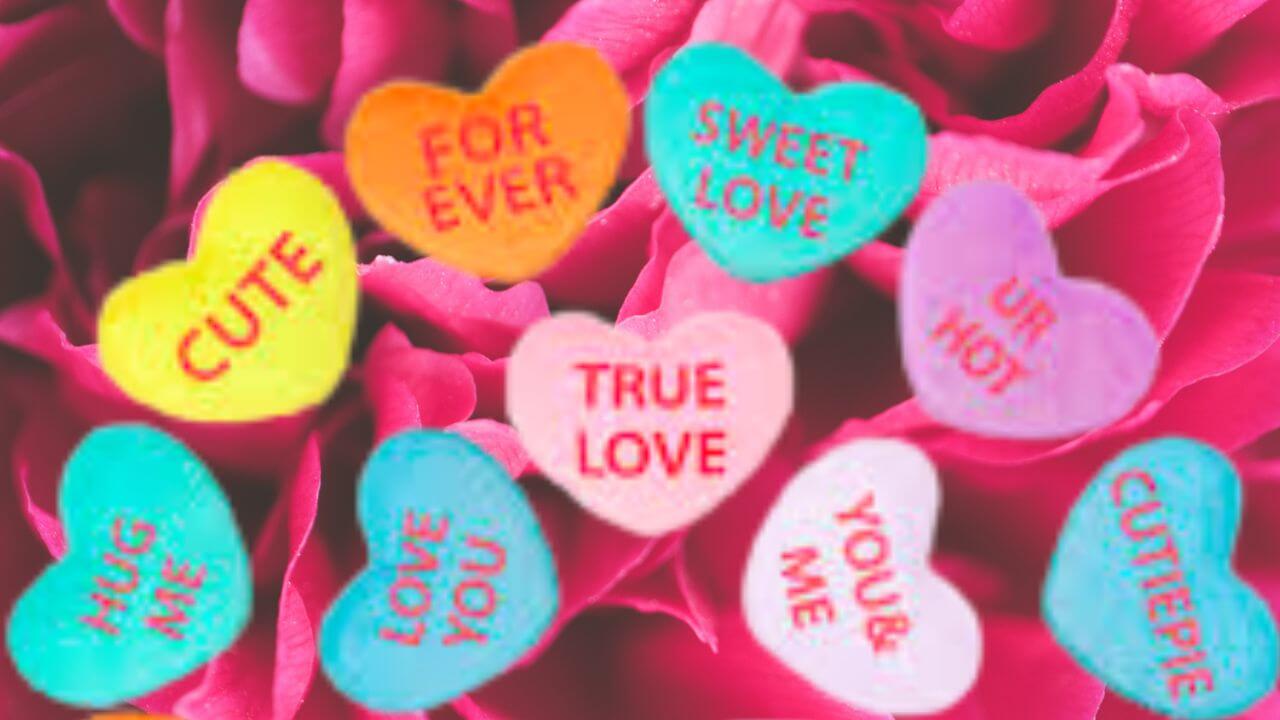 Valentine Candy Hearts with Flower Background