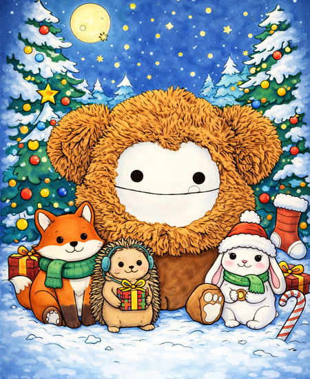 Benny the Bigfoot and Friends in a Woodland Christmas scene